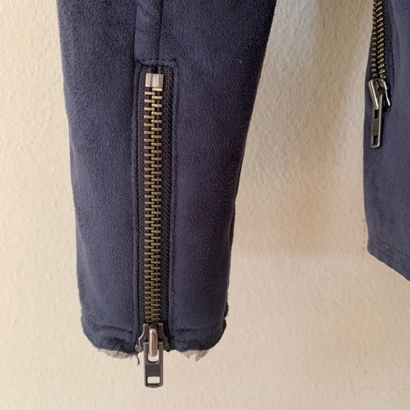 Leith Blue Faux Suede Sherpa Trim Moto Zip Jacket - Picture 9 of 15